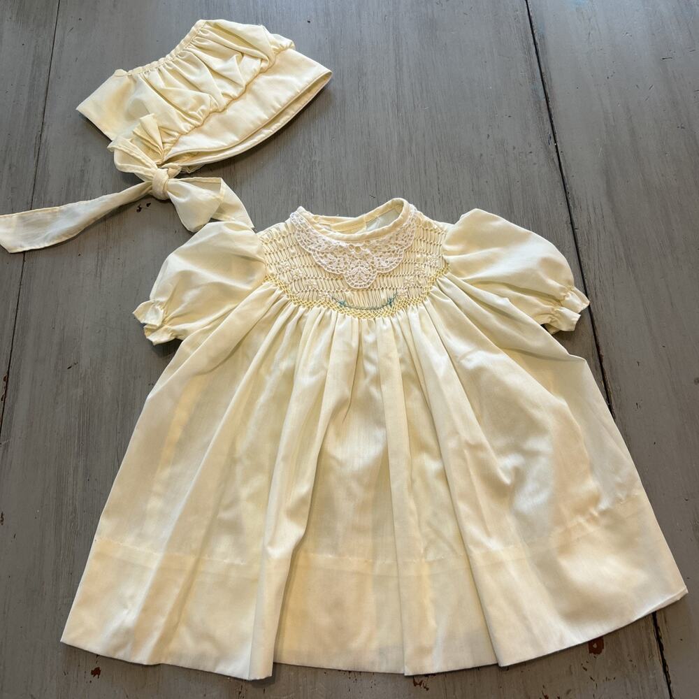 Polly Flinders Butter Yellow Smocked Dress 18 M Bonnet Cottage Victorian 90s